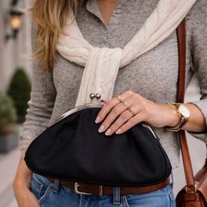 NWOT Clutch, 70% Cotton, Kiss-Lock Frame Mini Purse, Black, Silver Hardware